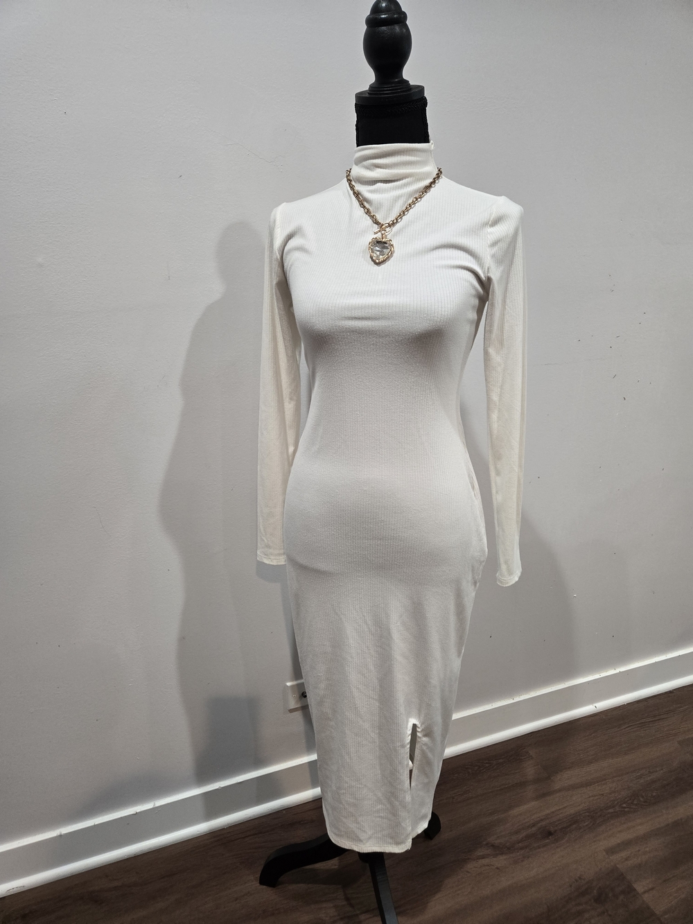 Women's Cream Long-Sleeve Turtleneck Midi Dress
